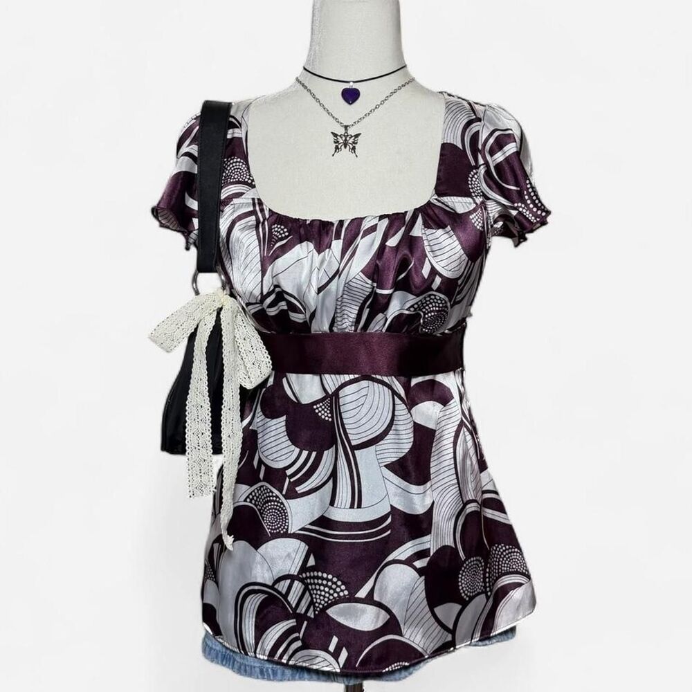 Vintage Y2K Abstract Satin Empire Waist Blouse Top